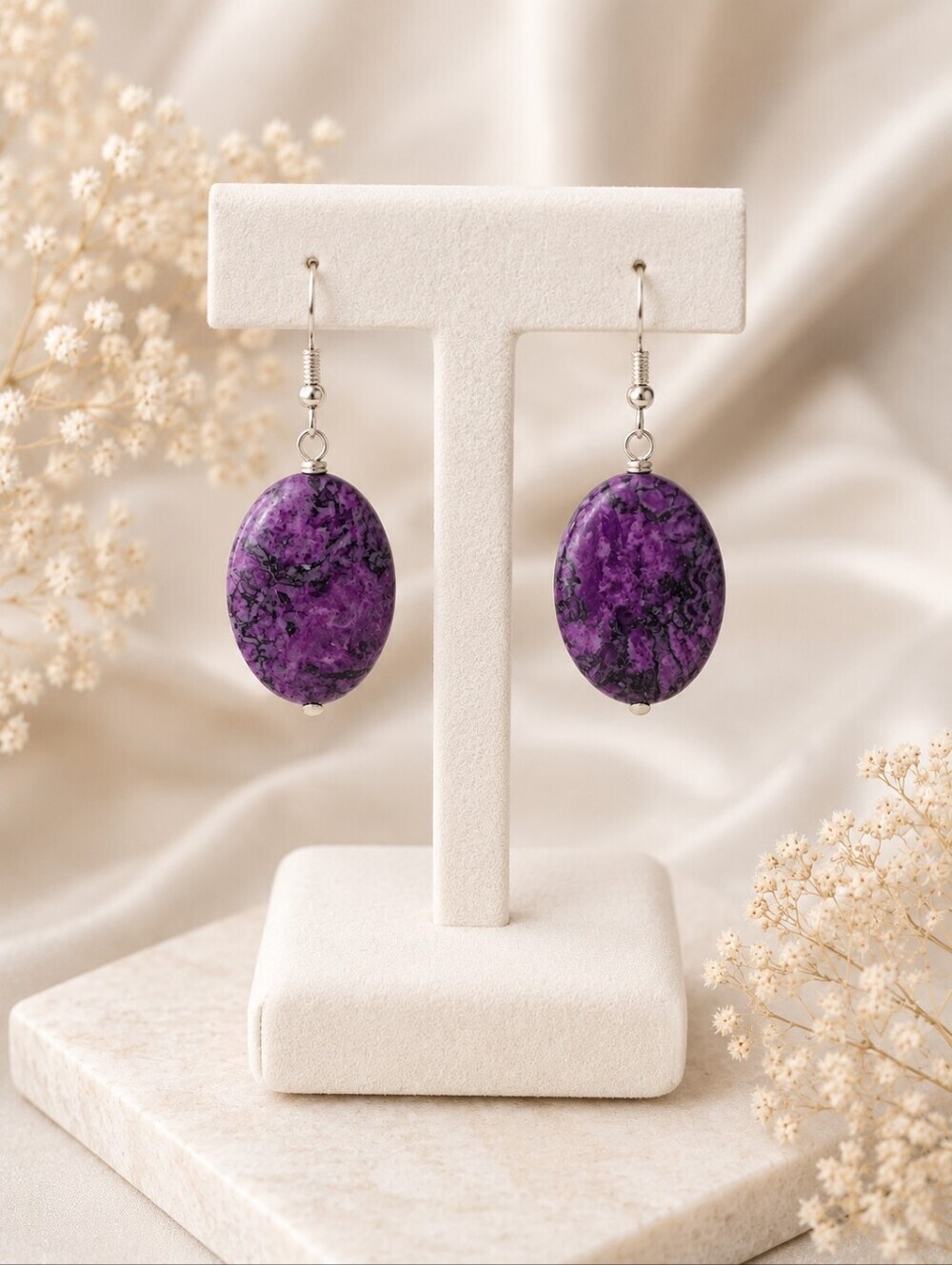 Purple Crazy Lace Oval Dangle Earrings | Handmade Statement Gemstone Earrings